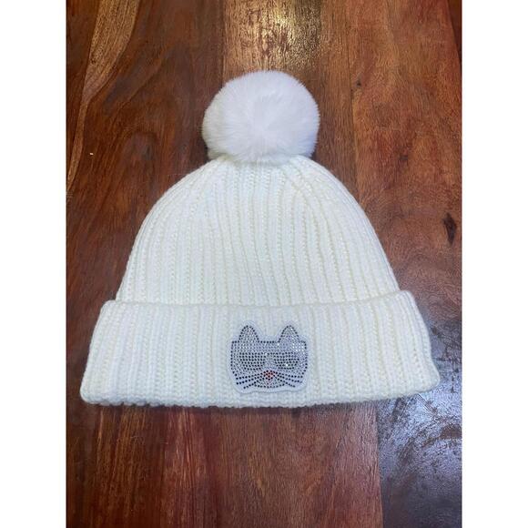 Karl Lagerfeld White Knit Beanie with Pom Pom and Cat Patch - Picture 1 of 2
